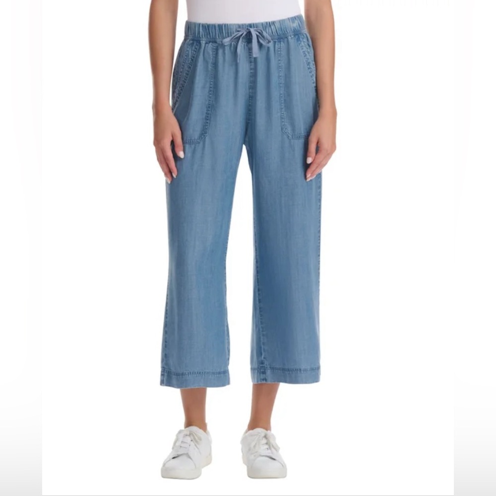 Light Blue Wide Leg Cropped Drawstring Pants